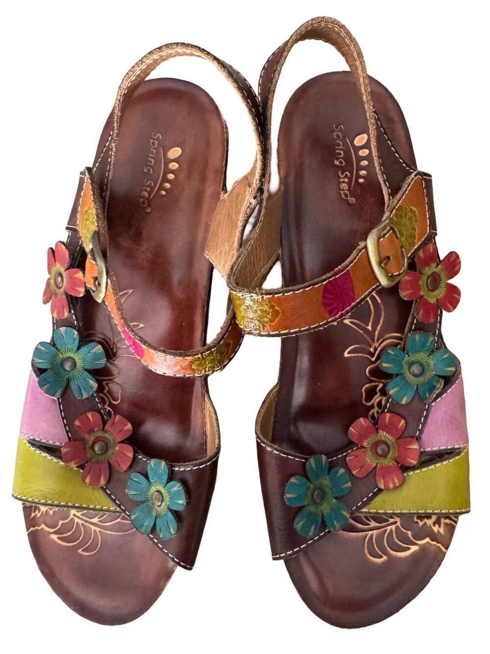 EUC Spring Step Belladonna Colorful Leather Flower Wedge Sandals, EU39, US 8.5